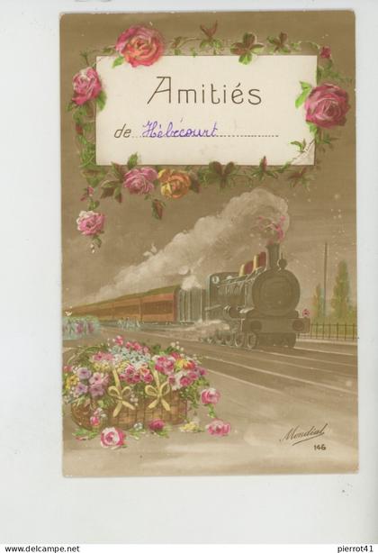 HÉBÉCOURT - Jolie carte fantaisie fleurs et train "Amitiés de HÉBÉCOURT "