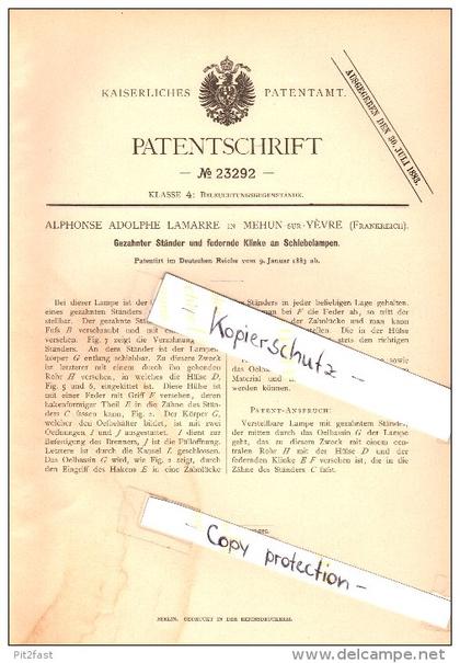 Original Patent - Alphonse Lamarre à  Mehun-sur-Yevre , 1883 , Stands pour les lampes coulissant !!!