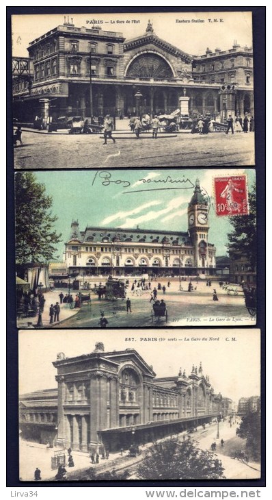 LOT 3CPA ANCIENNE- FRANCE- PARIS (75)- GARES  DE L'EST- DE LYON- DU NORD- TRES BELLES ANIMATIONS-