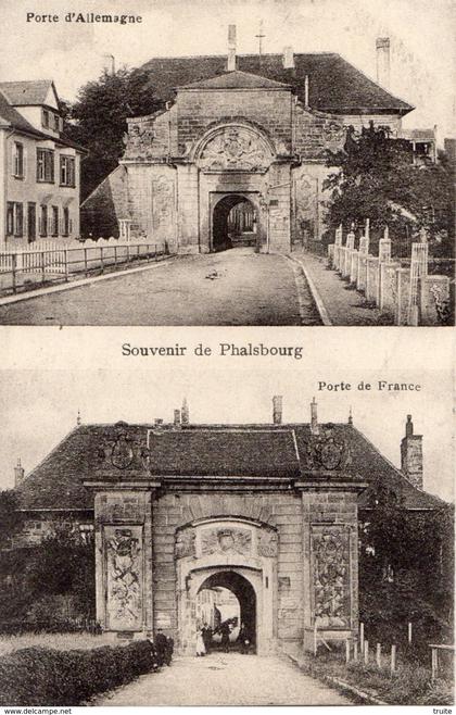 SOUVENIR DE PHALSBOURG (DOUBLE VUES PORTE D'ALLEMAGNE ET PORTE DE FRANCE)