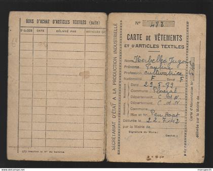 22 ploezal carte de vêtements délivrée en 07/1942 avec tickets