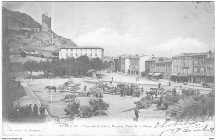 Carte Postale Ancienne de TOURNON-place des graviers, hospice, tour de la vierge