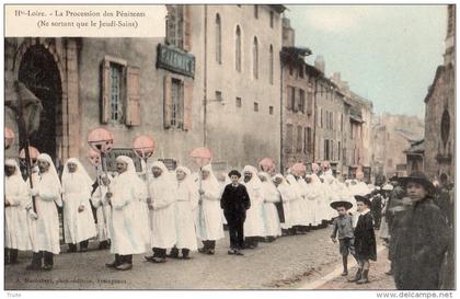 YSSINGEAUX PROCESSION DES PENITENTS BLANC NE SORTANT QUE LE JEUDI-SAINT CARTE COLORISEE RARE