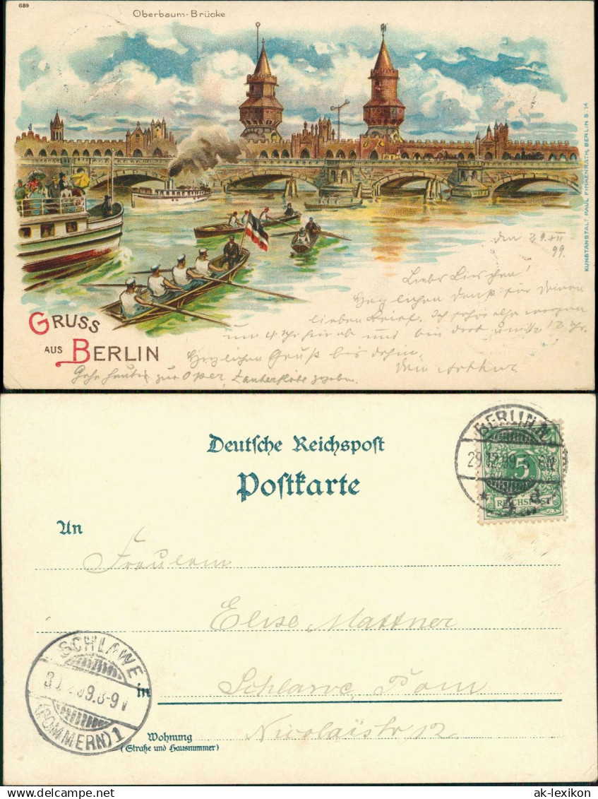 Friedrichshain-Berlin Oberbaumbrücke Ruderer Dampfer Künstlerkarte 1899