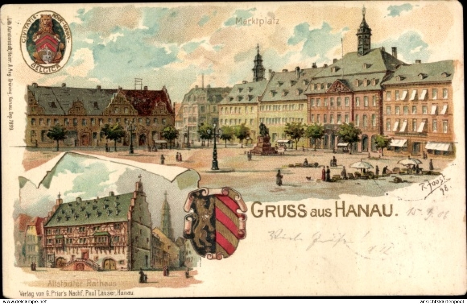 Gaufré Blason Artiste Lithographie Joost, R., Hanau Main Kinzig Kreis, Rathaus, Marktplatz