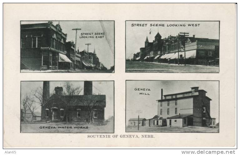 Geneva NE Nebraska, Multi-view Images Main Street, Mill, Water Works, on c1900s Vintage Postcard