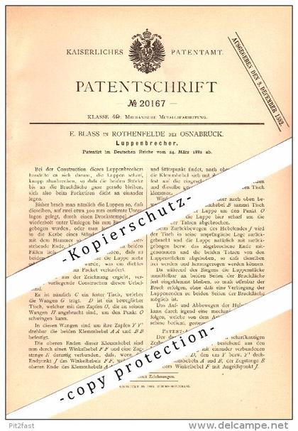 Original Patent - E. Blass in Bad Rothenfelde b. Osnabrück , 1882 , Luppenbrecher , Metallbau !!!