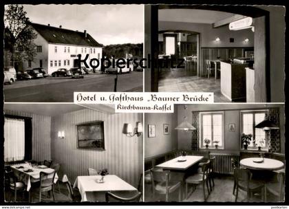 ALTE POSTKARTE HOTEL UND GASTHAUS BAUNER BRÜCKE KIRCHBAUNA KASSEL INH. H. SIEBERT GASOLIN TANKSTELLE BUS BAUNATAL AK cpa