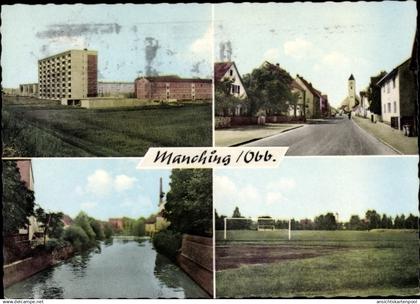 CPA Manching an der Donau Oberbayern, Fluss, Siedlung, Fußballspielplatz