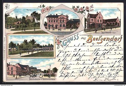 Lithographie Beetzendorf, Charlottenstift, Bahnhof, Schützenhaus, Bahnhofshotel