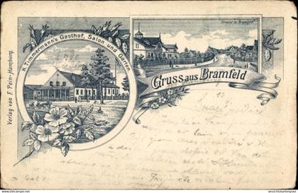 Lithographie Hamburg Wandsbek Bramfeld, Gasthof, Straßenpartie