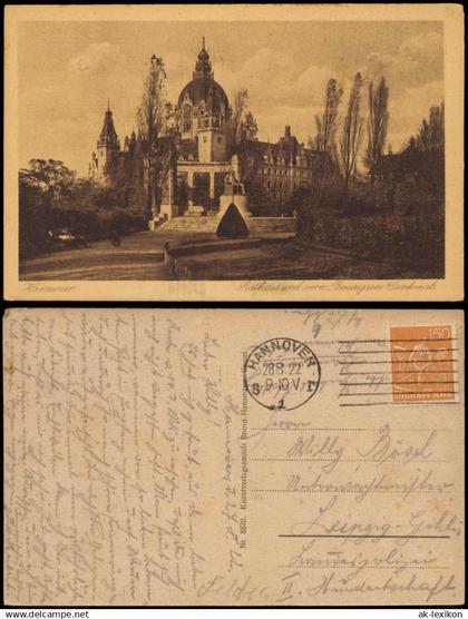 Ansichtskarte Hannover Rathaus und vorn Beningsen Denkmal. 1922  Marke Berufe