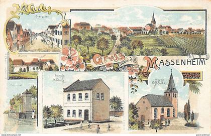 Massenheim (HE) Litho Mehrfachansicht Obergasse Schule Kirche Brunnen Druckerei H.J. Merten Hochheim am Main