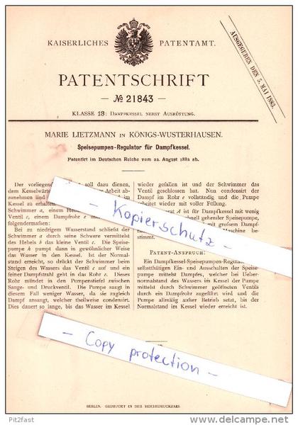 Original Patent - M. Lietzmann in Königs-Wusterhausen , 1882 , Dampfkessel !!!