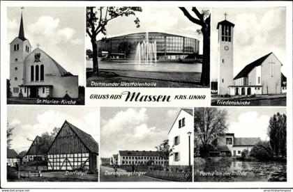 CPA Massen Unna im Ruhrgebiet, Friedenskirche, Partie an Mühle, St. Marien Kirche, Westfalenhalle