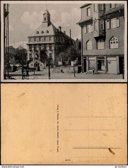 Ansichtskarte Lugau (Erzgebirge) Straßenpartie am Rathaus, Geschäft 1935