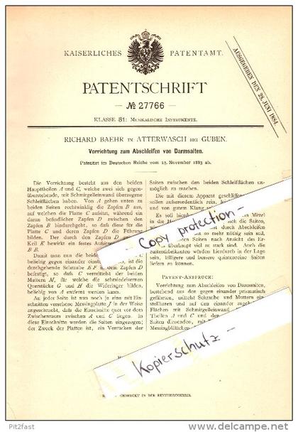 Original Patent - Richard Baehr in Atterwasch b. Schenkendöbern , 1883 , Apparat für Darmsaiten , Musik , Guben !!!