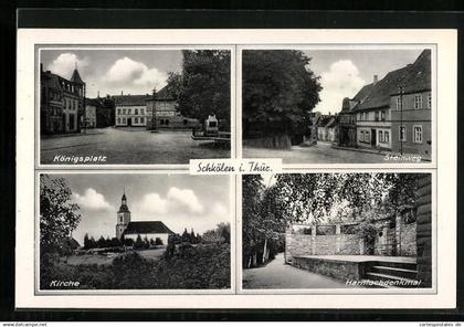 AK Schkölen i. Thür., Königsplatz, Steinweg, Kirche