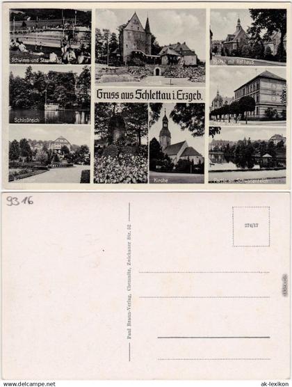 Ansichtskarte Schlettau Mehrbildkarte: Schwimmbad, Kirche, Denkmal 1932