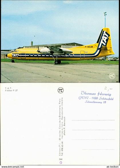 Ansichtskarte Schönefeld-Berlin Propellerflugzeug T.A.T. Fokker F-27 1990