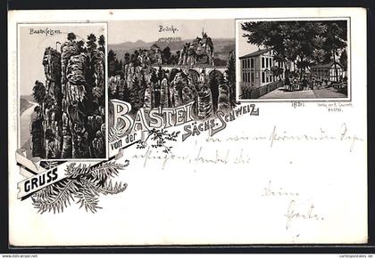 Vorläufer-Lithographie Bastei /Sächs. Schweiz, Hotel, Brücke, Basteifelsen