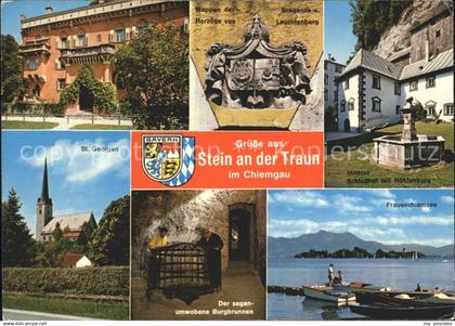 72053065 Stein Traun St Georgen Kirche Wappen Burgbrunnen Frauenchiemsee Schloss