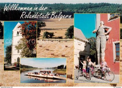 73839918 Belgern Elbe Bartholomaeuskirche Elbe mit Gierseilfaehre Roland Heidela