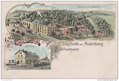 Litho AK Burkhardtsdorf Gasthof am Auenberg Bahnhof bei Chemnitz Klaffenbach Jahnsdorf Einsiedel Gornau Thalheim Kemtau