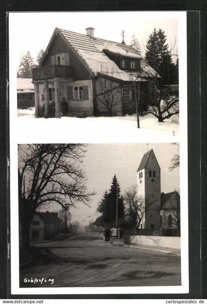 AK Gräfelfing, Wohnhaus im Schnee, Strassenpartie mit Kirche