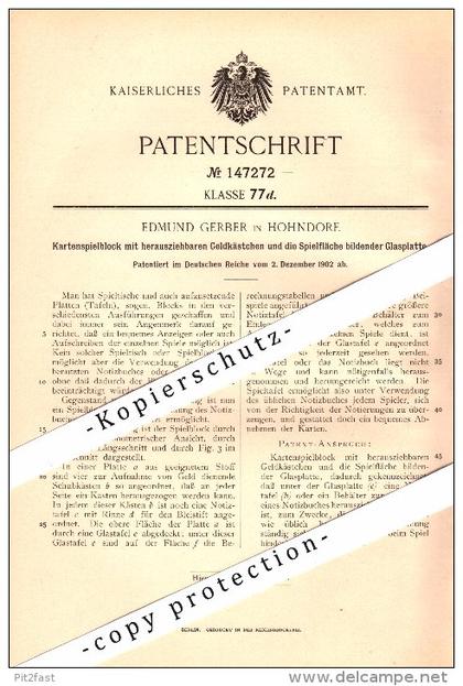 Original Patent - Edmund Gerber in Hohndorf i.S. , 1902 , Kartenspielblock mit Geldkästchen , Skat , Kartenspiel !!!