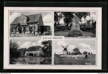 AK Hohndorf, Gastwirtschaft Hohndorf, Windmühle mit Schafherde, Kriegerdenkmal