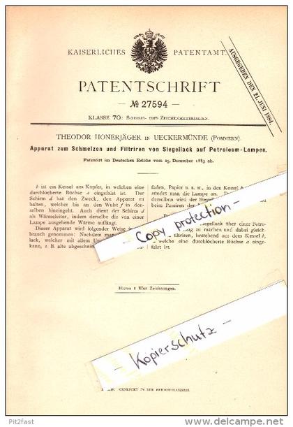 Original Patent - Theodor Honerjäger in Ueckermünde i. Mecklenburg , 1883 , Siegellack für Petroleum-Lampen , Ückermünde