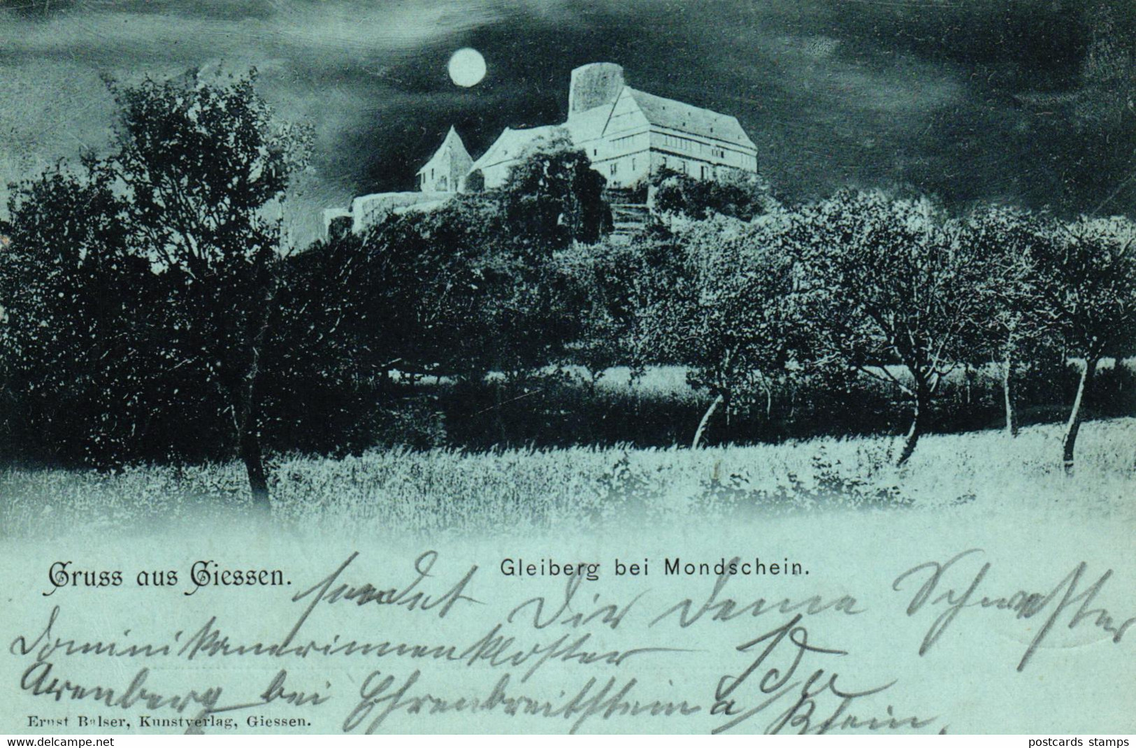 Giessen, Burg Gleiberg im Mondschein, Mondschein-AK, 1899 nach Morsbach / Waldbröl versandt