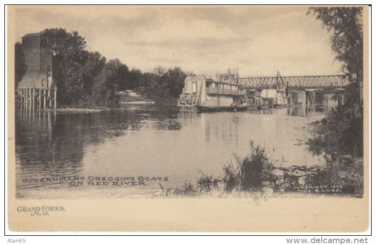 Grand Forks ND North Dakota, Government Dredging Boats on Red River, c1900s Vintage Postcard