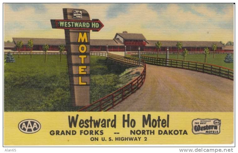 Grand Forks ND North Dakota, Westward Ho Motel Lodging, c1950s Vintage Curteich Linen Postcard