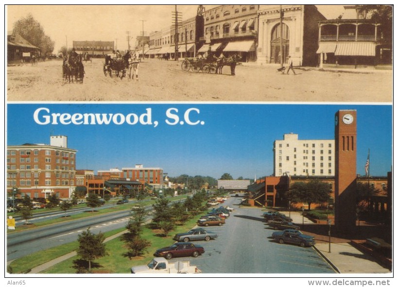 Greenwood SC South Carolina, 'Then &amp; Now' Main Street Scene, c1990s/2000s Vintage Postcard