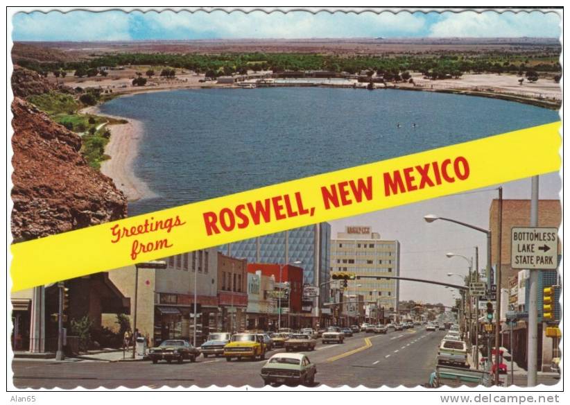 Greetings from Roswell NM New Mexico, Street Scene, Autos, on c1970s Vintage Postcard