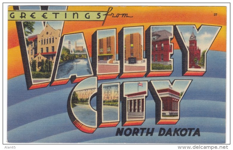 Greetings from Valley City North Dakota Large Letter Greetings c1940s Vintage Linen Postcard