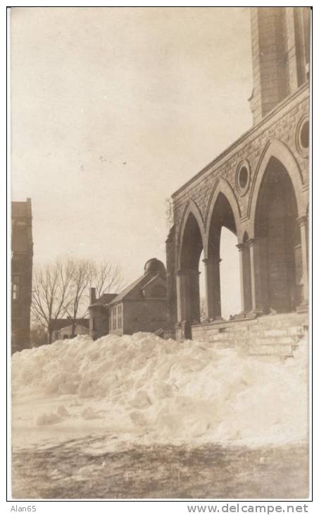 Grinnell IA Iowa, Iowa College Campus Building, Snowy Scene, c1900s Vintage Real Photo Postcard