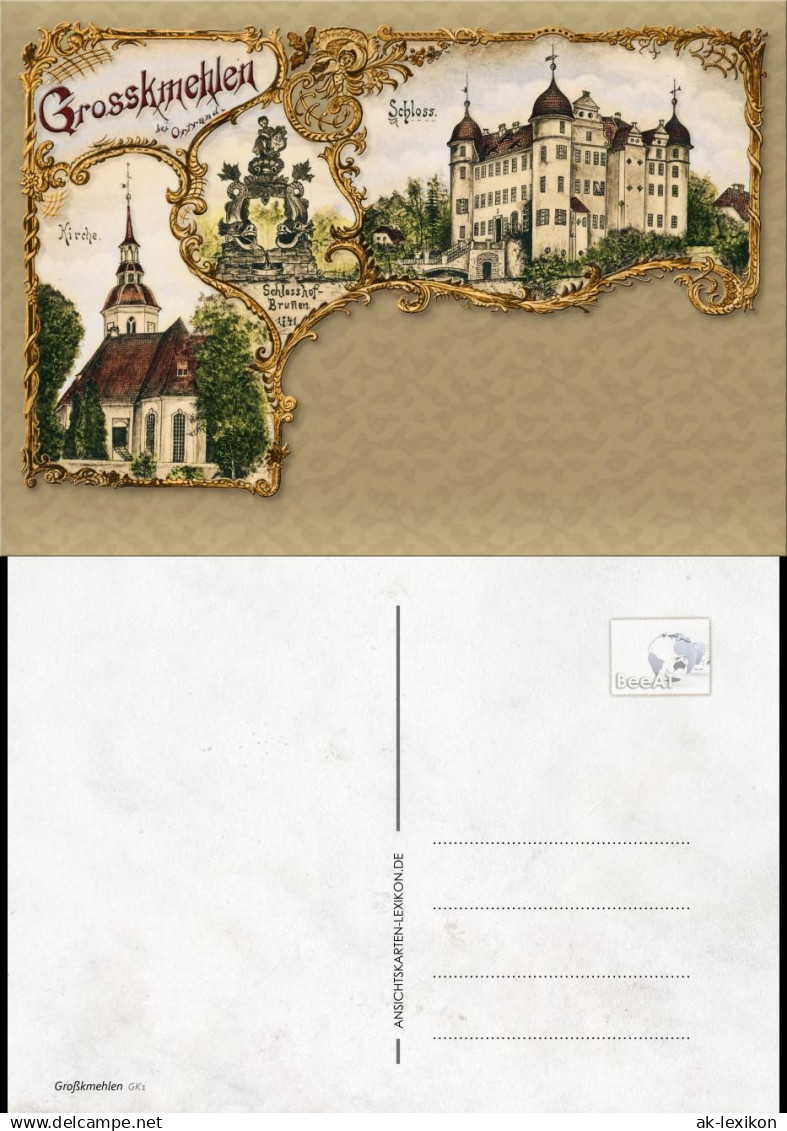 Großkmehlen-Ortrand Neuauflage Litho, Kirche, Brunnen, Schloss 1900/2018