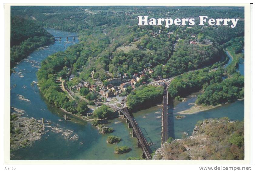 Harpers Ferry WV West Virginia, Aerial View of Town, Bridges over Rivers c1990s Vintage Postcard