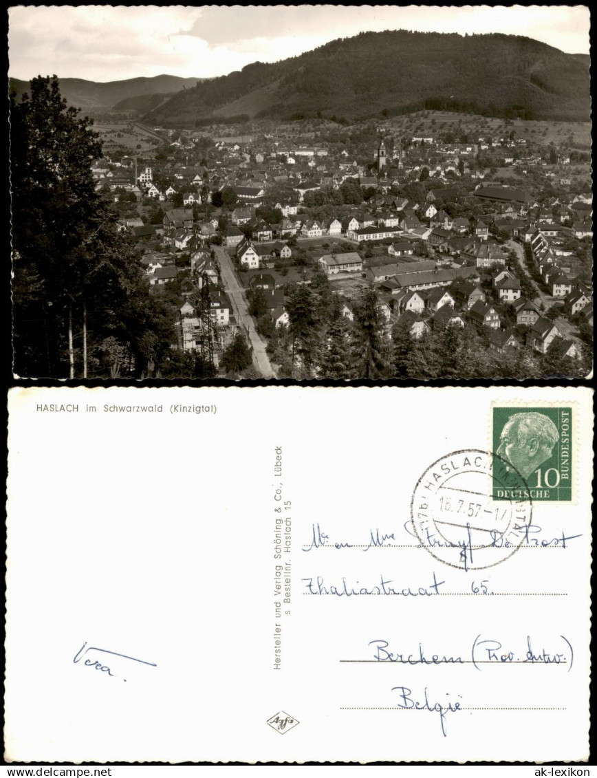 Haslach im Kinzigtal Panorama mit Schwarzwald   1957   gel  Stempel HASLACH