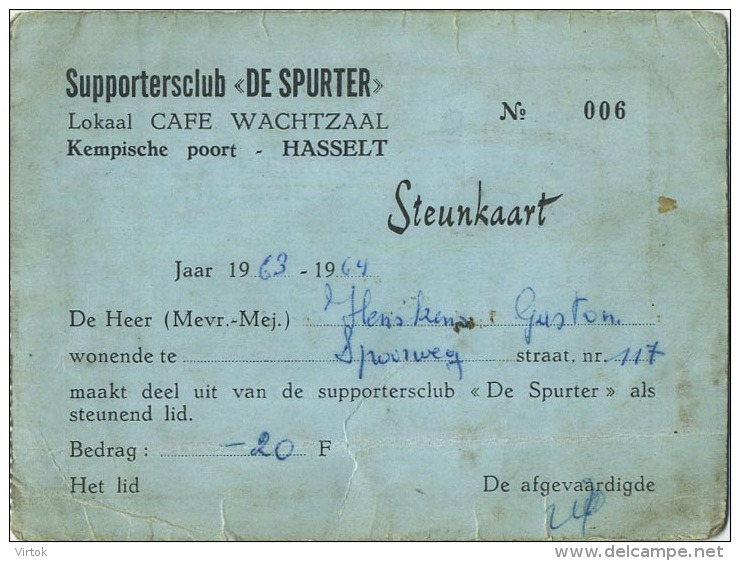 Hasselt :  supportersclub ' DE SPURTER '  steunkaart  (  zie scans )