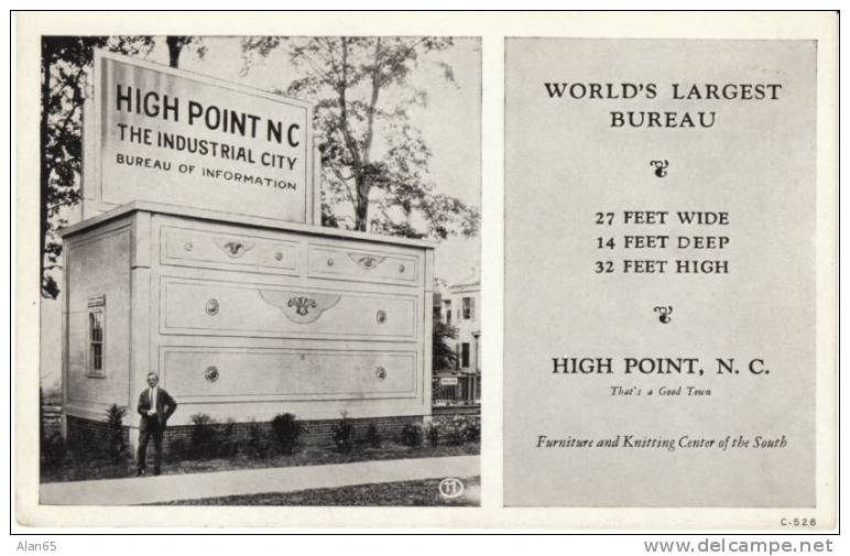 High Point NC, Worlds Largest Bureau, Furniture & Knitting Center of the South, on c1920s Vintage Postcard