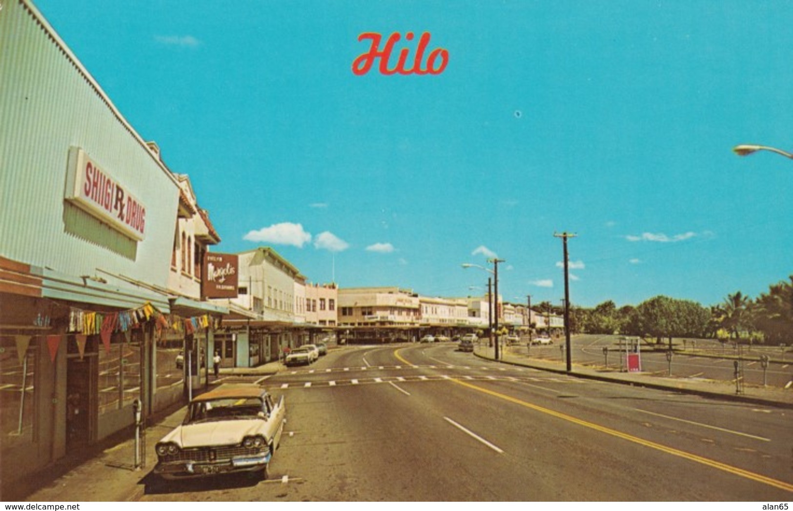 Hilo Hawaii, Street Scene, Shigi Drug Store Sign, Auto, c1950s/60s Vintage Postcard