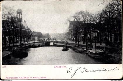 CPA Dokkum Dongeradeel Friesland Niederlande, Flusspartie, Brücke, Boote