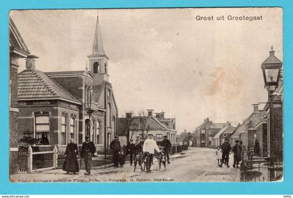 NEDERLAND prentbriefkaart Groet uit Grootegast 1915 treinstempel Harlingen - NieuweSchans naar Groningen