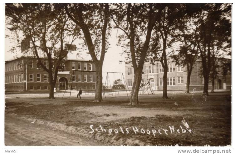 Hooper NE Nebraska, Schools Architecture, Playground Swings, c1900s/10s Vintage Real Photo Postcard