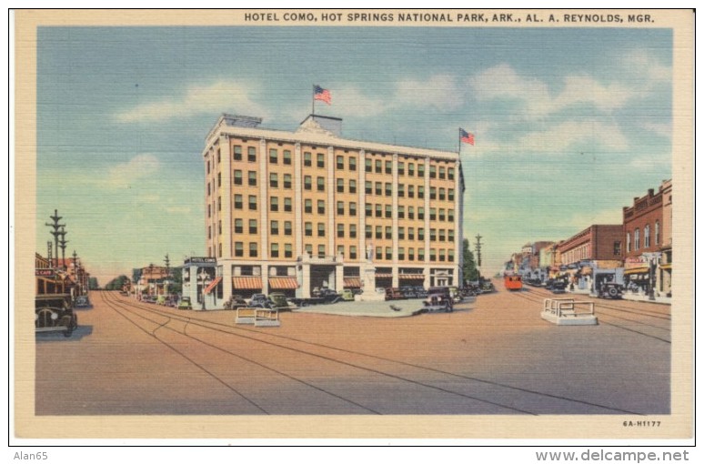 Hot Springs National Park AR Arkansas, Hotel Como Lodging Street Scene, c1930s Vintage Linen Postcard