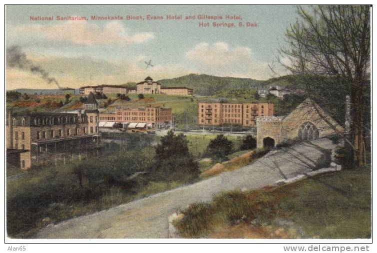 Hot Springs SD South Dakota, Sanitarium, Gilespie &amp; Evans Hotels, c1900s Vintage Postcard